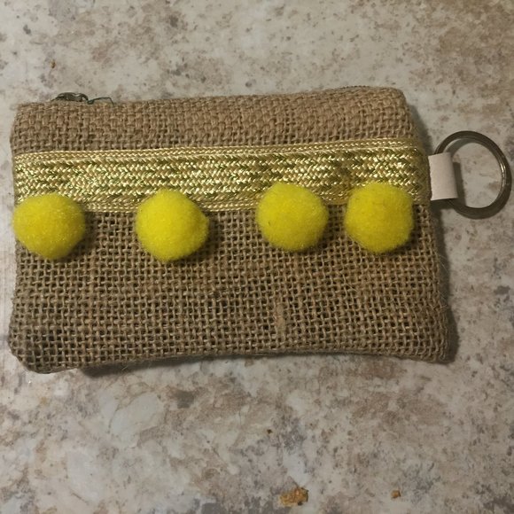 $5 ADD ON!  Burlap and Faux Leather Card Wallet with Key Ring - Picture 1 of 2